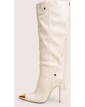 Public Desire Finest White Toe Cap Detail Pointed Knee High Boots - Natural