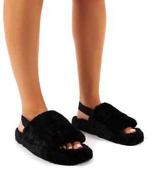 Public Desire Dreamtime Black Fluffy Strap Back Slippers