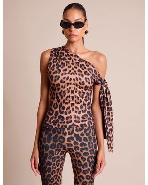 Public Desire Knot Detail Asymmetric One Shoulder Luxe Slinky Top Leopard - Brown
