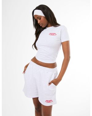 Public Desire Kaiia Running Club Logo Sweat Shorts Light Grey Marl - White