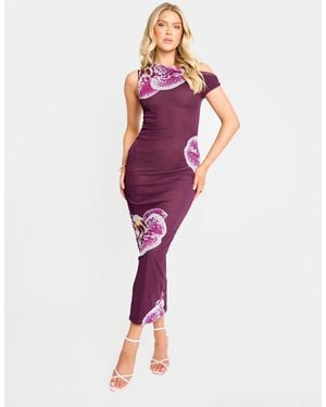 Public Desire Asymmetric One Shoulder Floral Maxi Dress Burgundy - Purple