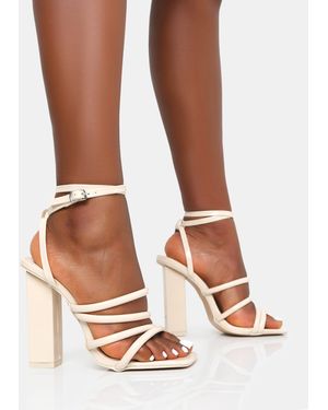 Public Desire Tobi Ecru Patent Strappy Square Toe High Block Heels - Brown