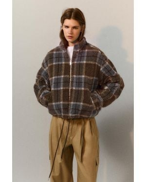 Pull&Bear Check Faux Shearling Jacket - Brown