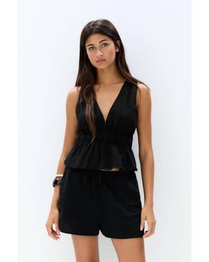 Pull&Bear Rustic Linen Top - Black