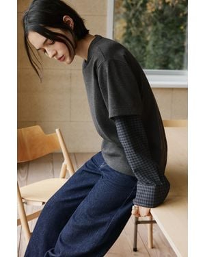 Pull&Bear Double Sleeve Checked T-Shirt - Black