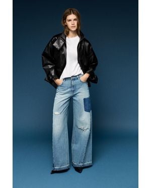 Pull&Bear Patchwork Wide-Leg Jeans - Blue