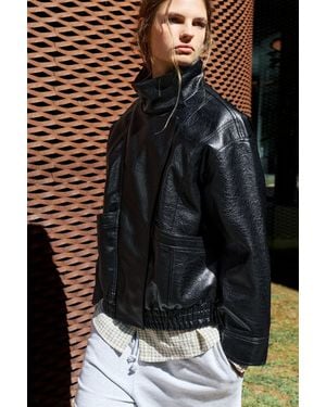 Pull&Bear Leather Effect High Neck Jacket - Black