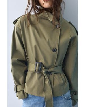 Pull&Bear Cropped High Neck Trench Coat - Green