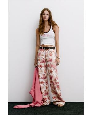 Pull&Bear Floral Baggy Jeans - White
