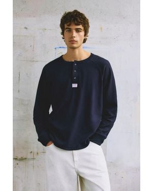 Pull&Bear T-Shirt Mit Henley-Kragen - Blau