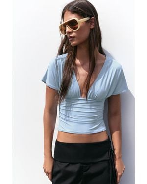 Pull&Bear Gathered V-Neck Top - Blue