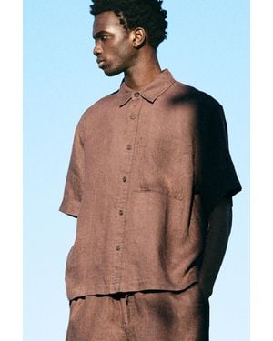 Pull&Bear 100% Linen Short Sleeve Shirt - Brown