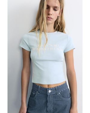 Pull&Bear Studded Slogan T-Shirt - Blue