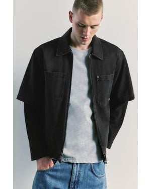 Pull&Bear Double-Sleeve Denim Overshirt - Black