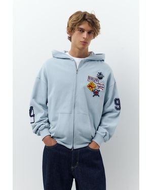 Pull&Bear Hoodie With Zip And Patches - Grey
