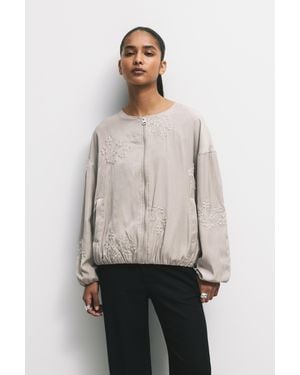Pull&Bear Bomber Jacket With Floral Embroidery - Natural