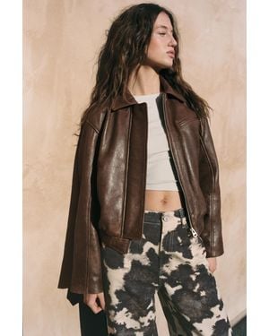 Pull&Bear 100% Leather Bomber Jacket - Brown