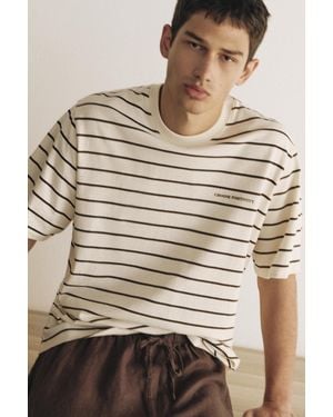 Pull&Bear Striped Slogan T-Shirt - Natural
