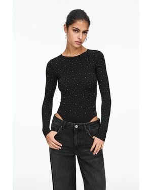 Pull&Bear Open Back Rhinestone Bodysuit - Black