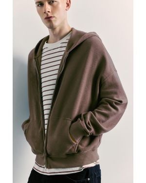 Pull&Bear Zip-Up Hood Sweatshirt - Brown