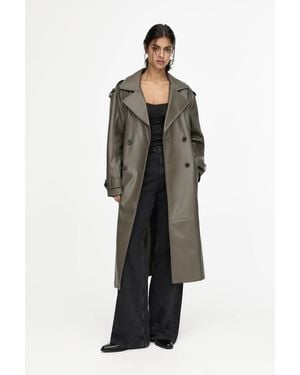 Pull&Bear Belted Faux Leather Trench Coat - Green