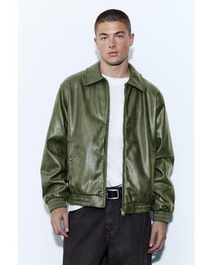 Pull&Bear Leather Effect Jacket - Green