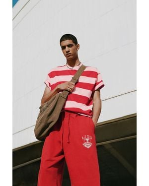 Pull&Bear Striped Short Sleeve T-Shirt - Red