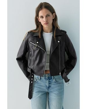 Pull&Bear Leather Effect Biker Jacket - Black