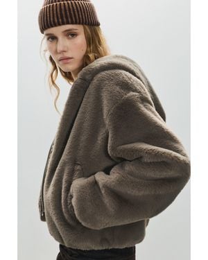 Pull&Bear Faux Fur Jacket With Hood - Grey