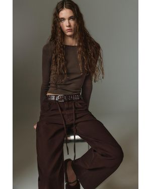 Pull&Bear Long Sleeve Boat Neck T-Shirt - Brown