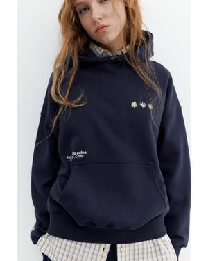 Pull&Bear Hoodie With Embroidered Graphic - Blue