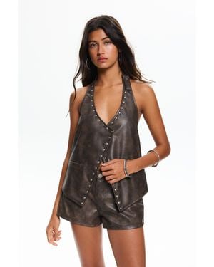 Pull&Bear Faux Leather Halter Top With Studs - Black