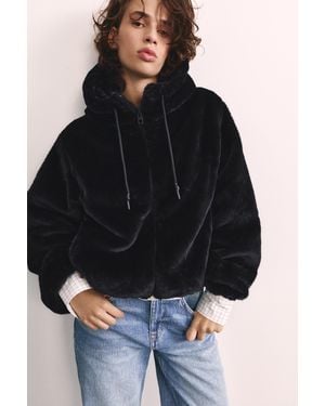 Pull&Bear Hooded Faux Fur Jacket - Blue