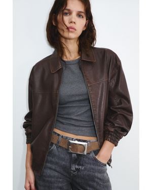 Pull&Bear Dad Fit Leather Effect Jacket - Black