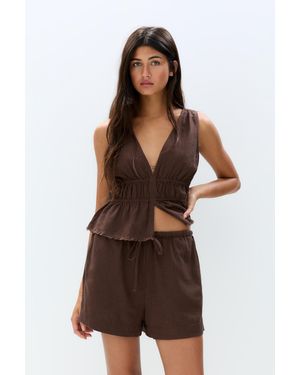 Pull&Bear Rustic Linen Blend Shorts - Brown