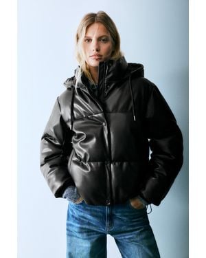 Pull&Bear Leather Effect Puffer Jacket - Black