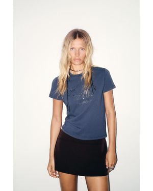 Pull&Bear Rhinestone Graphic T-Shirt - Blue