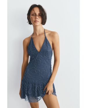 Pull&Bear Short Halter Beaded Dress - Blue