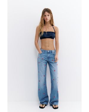 Pull&Bear Cherry Embroidered Baggy Jeans - Blue