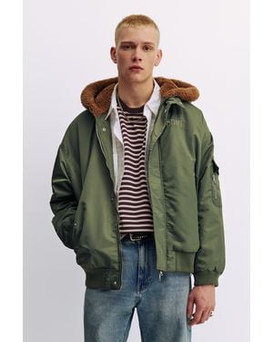 Pull&Bear Combined Fabric Bomber Jacket With Hood - Green