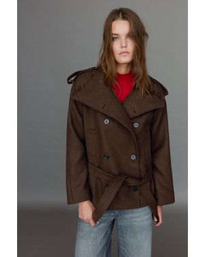 Pull&Bear Short Felt Trench Coat With Belt - Brown