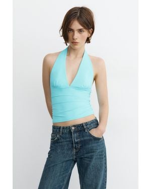 Pull&Bear Halter Neck Top With Gathering - Blue