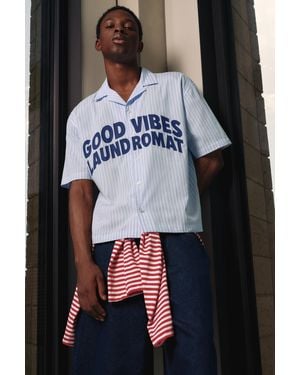 Pull&Bear Striped Text Short Sleeve Shirt - Black