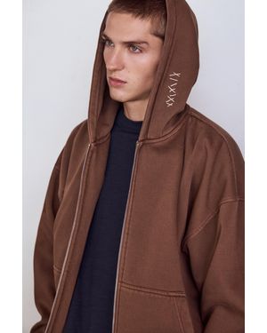 Pull&Bear Embroidered Zip-Up Hoodie - Brown