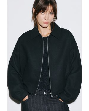Pull&Bear Short Tailored Fit Felt Texture Jacket - Black