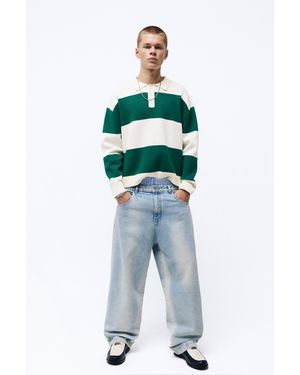 Pull&Bear Long Sleeve Striped Polo Shirt - Green