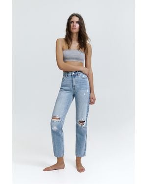 Pull&Bear Ripped Mom Fit Jeans - Blue