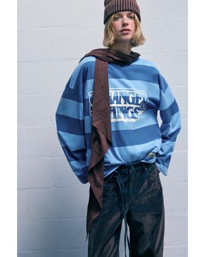 Pull&Bear Striped Stranger Things T-Shirt - Blue