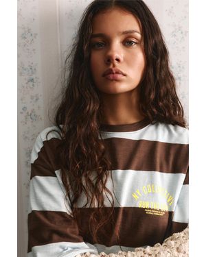 Pull&Bear Striped 'Ny' Text T-Shirt - Brown