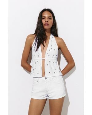 Pull&Bear Low-Rise Mini Denim Shorts - White